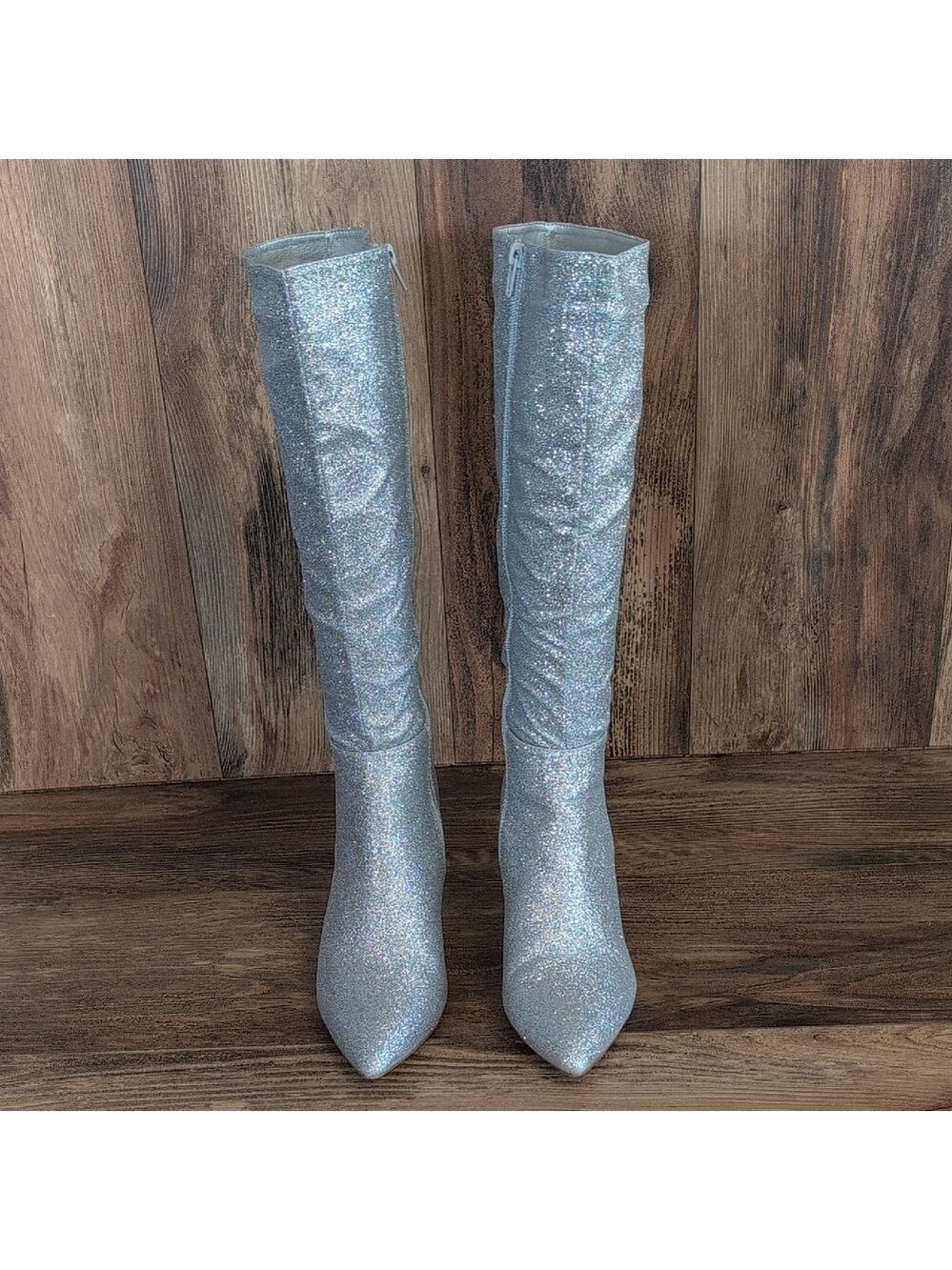 Allegra K Silver Sparkle Heeled Glitter Pointy Toe Knee High Boots 8       M502
